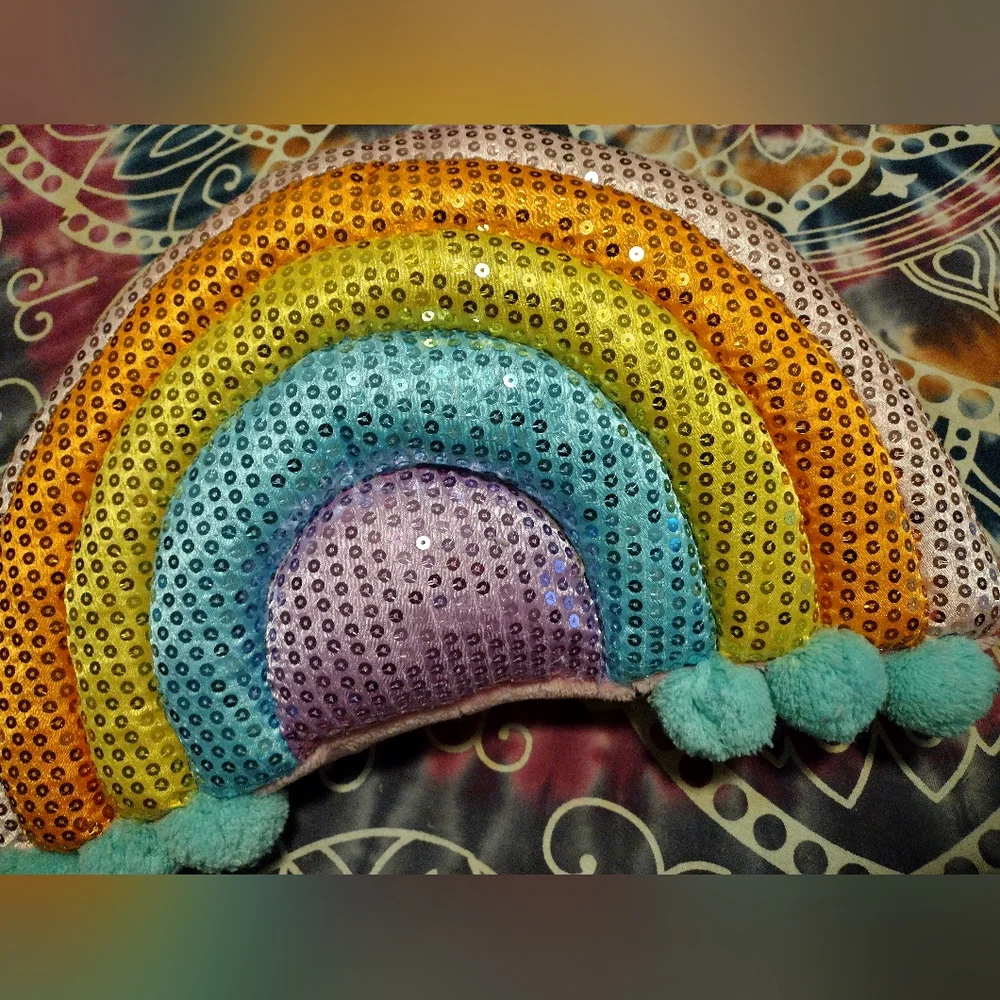 Dolls Kill Sequin Pom Pom Rainbow Pillow